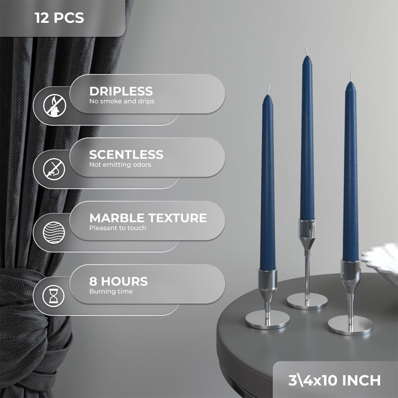 CANDWAX 10 inch Taper Candles Set of 12 - Dripless Taper Candles and Unscented Candlesticks - Perfect as Dinner Candles and Household Candles - Dark Blue Candles - Image 3